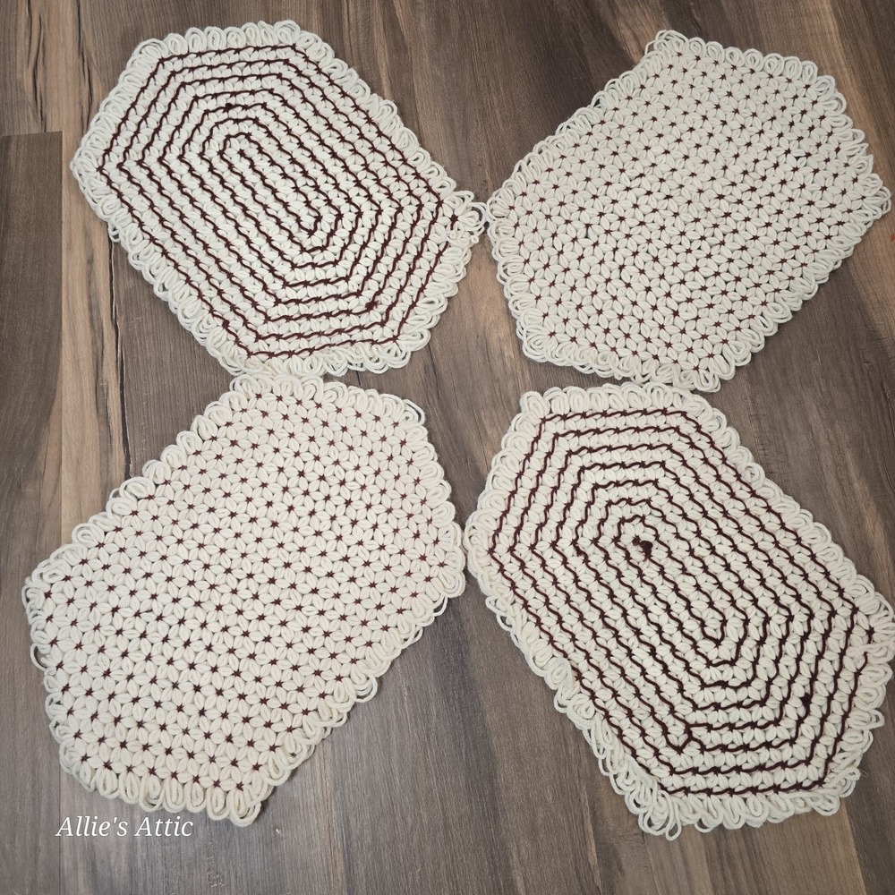 4 Handmade Crocheted Vintage Placemats Brown Floral Kitchen Dining 70s Decor